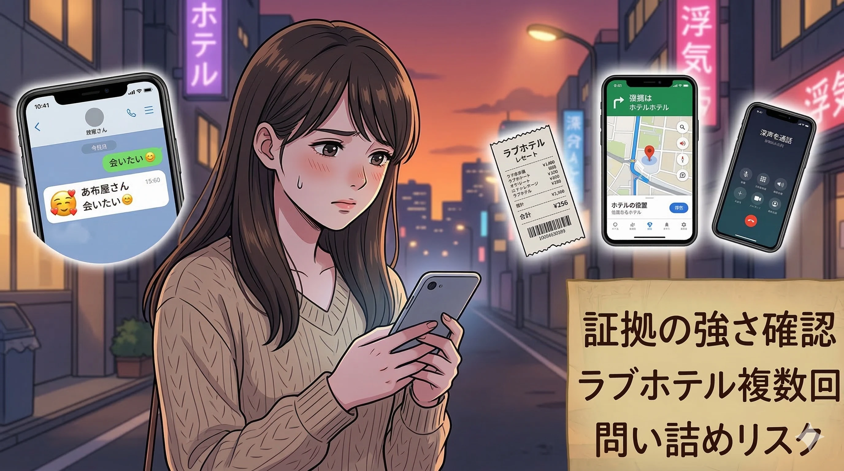 浮気調査の証拠を連想させるスマートフォンとレシートとルーペのイラスト