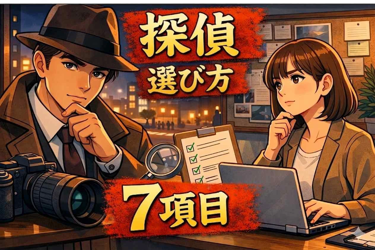 探偵選びのチェックポイントを連想させるクリップボードとカメラとルーペのイラスト