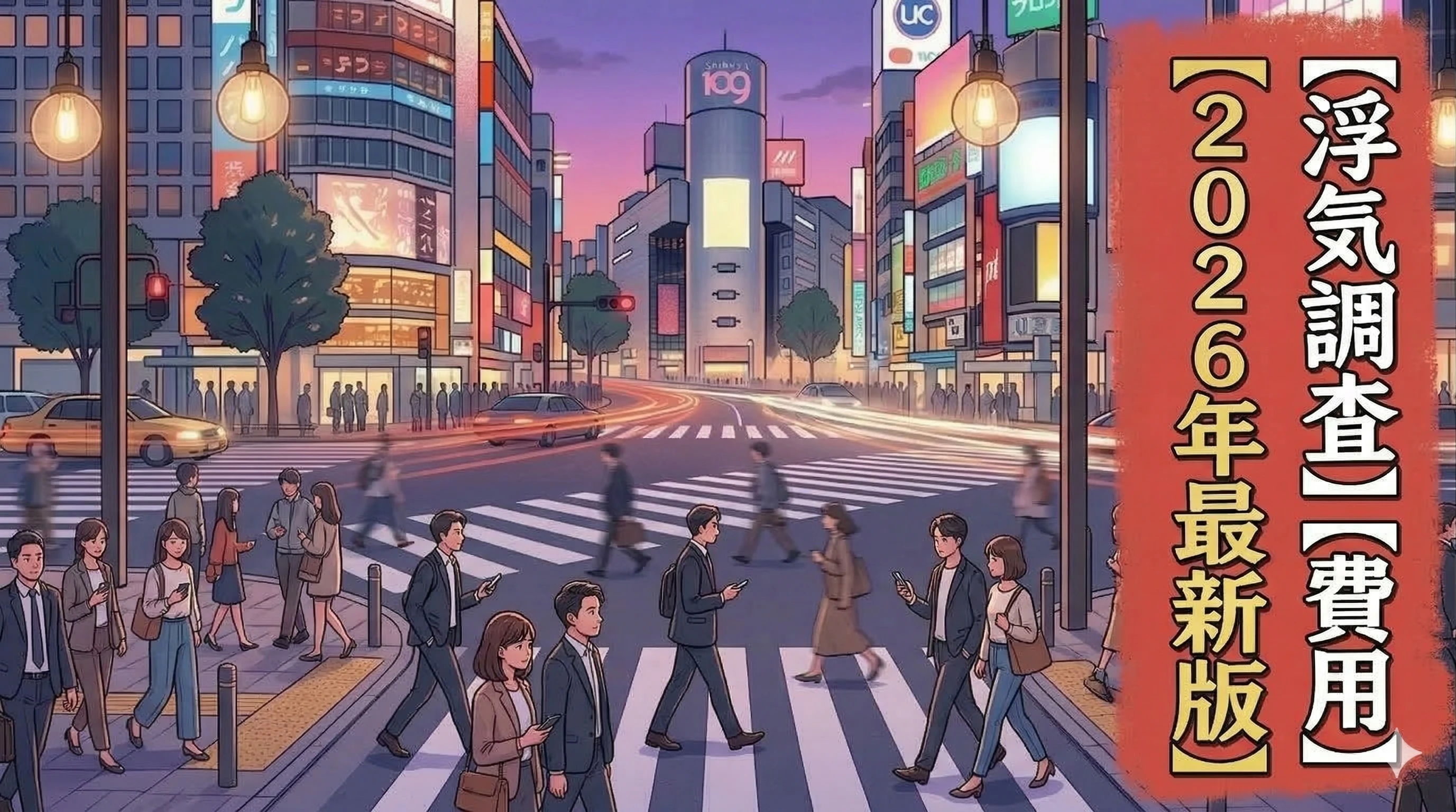 夜、窓から都会の夜景が見えるオフィスで、眼鏡をかけたスーツ姿のアジア人女性がデスクに向かって座り、ペンを持って作業している。デスクの上には、一眼レフカメラ、チャートを表示したラップトップ、ボイスレコーダー、書類、スマートフォンが並んでいる。背景には書類が並んだ棚がある。